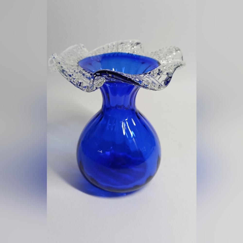 COBALT BLUE HAND BLOWN RUFFLED CLEAR GLASS VASE
